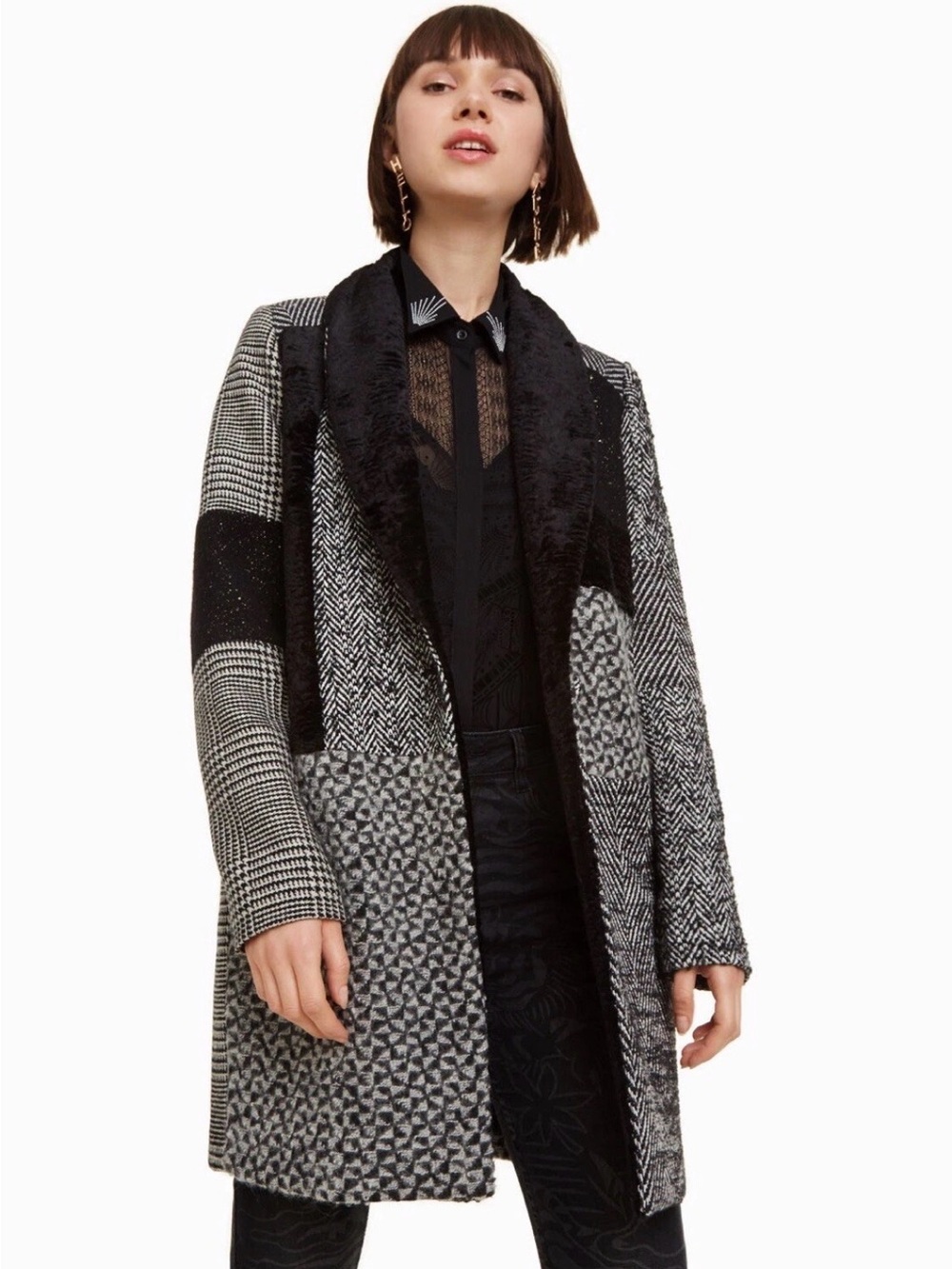 Desigual 46 Merlon Jacket Coat Striped Tweed Button Up Pakaian Jada Wanita